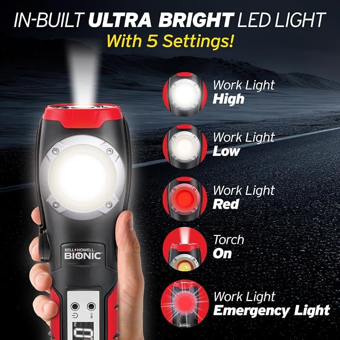 BIONIC Car Tire Inflator Portable Air Compressor with LED Road Flare, Work Light, & Window Breaker, 1500MAH Air Pump with Pressure Gauge, Emergency Lights for Vehicles, Rechargeable (120 PSI)