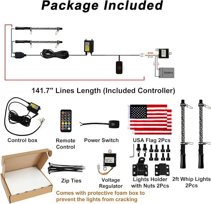 2 Pack 2FT Golf Cart Flag Pole Whip Lights, Only Fit 1.0" Square Rail, LED Light Bluetooth App & Remote Control, Lighted with Turn Reverse Brake Signal for 36V/48V/72V (Included DC Converter)