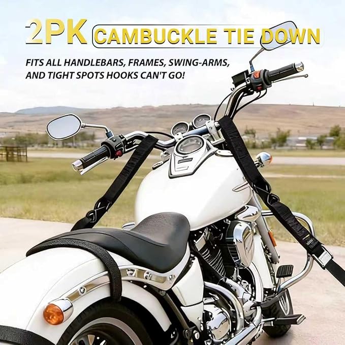 Motorcycle Tie Down Straps - 3,000lb Break Strength, 1.5 in X 8FT Heavy-Duty Cambuckle Tie Down Set with S Hook and Soft Loops - Better Than a Ratchet Strap Black