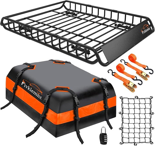 FIVKLEMNZ Car Rooftop Cargo Carrier Roof Bag Waterproof for All Top of Vehicle with/Without Rack Includes Topper Anti-Slip Mat + Reinforced Straps + 6 Door Hooks + Luggage Lock