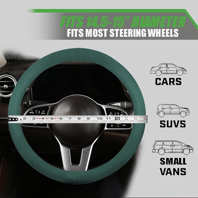 Suede Steering Wheel Cover with Upgraded Silicone Inner Ring, Breathable, Anti-Slip, Leather Universal 14.5 to 15 Inch Steering Wheel Cover (Pure Green)