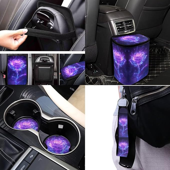 17Pcs Purple Rose Car Seat Covers Full Set with Front and Split Rear Bench,Dreamy Rose Head Rest Covers,Vehicle Trash Bag Car Interior Accessories for Women Universal Fit,Car,Truck,SUV,Van
