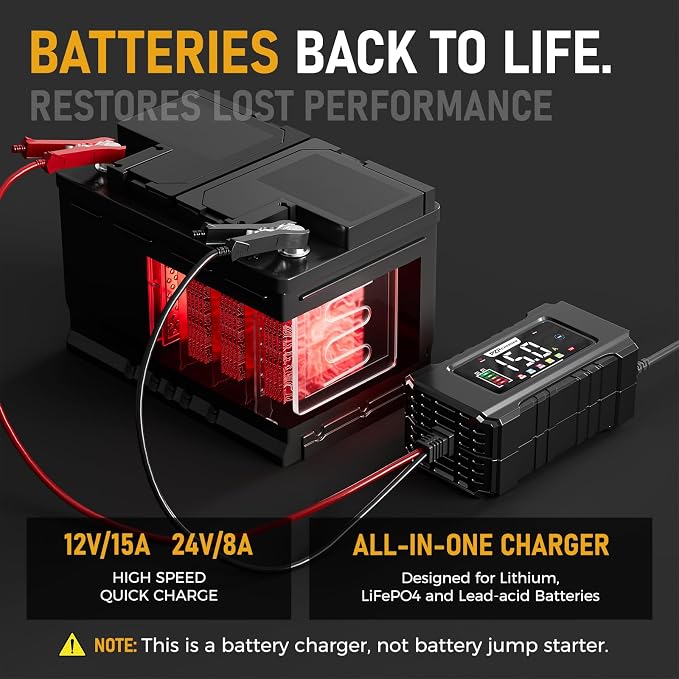 PZP 15-Amp 12V/24V Smart Battery Charger, Maintainer & Trickle Charger for LiFePO4, Lead Acid Batteries - Fully Automatic 9-Stage Charging w/Temp Compensation for Motorcycle Car Truck Lawnmower Boat
