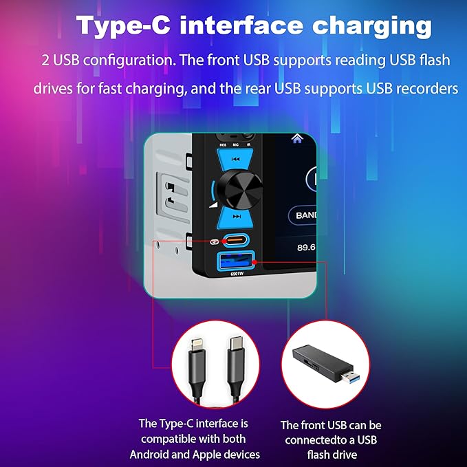 6.5" Single Din Car Stereo Wireless Apple CarPlay Android Auto, Car Radio Bluetooth 5.2, FM/AM/RDS, IPS HD Touchscreen, Type-C Fast Charging