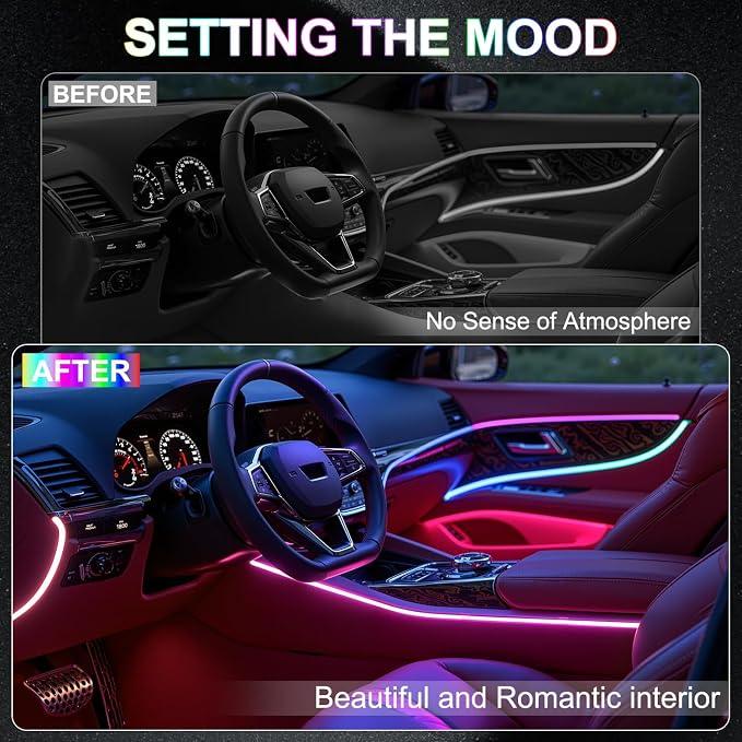 Dreamcolor Acrylic Interior Car LED Strip Lights, 6 in 1 Ambient Lighting Kit with Wireless APP, Dynamic Chasing Music Sync Fiber Optic Lights with DIY Mode, Car Inside Lighting Accessories