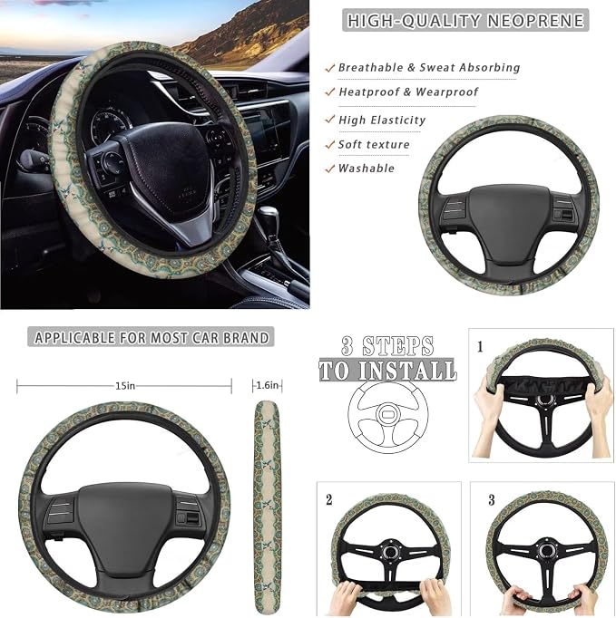 Suobstales Bohemia Mandala Hummingbird Seat Covers for Cars Full Set 11-Pcs, Car Accessories Steering Wheel Cover + Seat Belt Covers Pads + Coasters + Keychains for Women Interior Accessories Decor