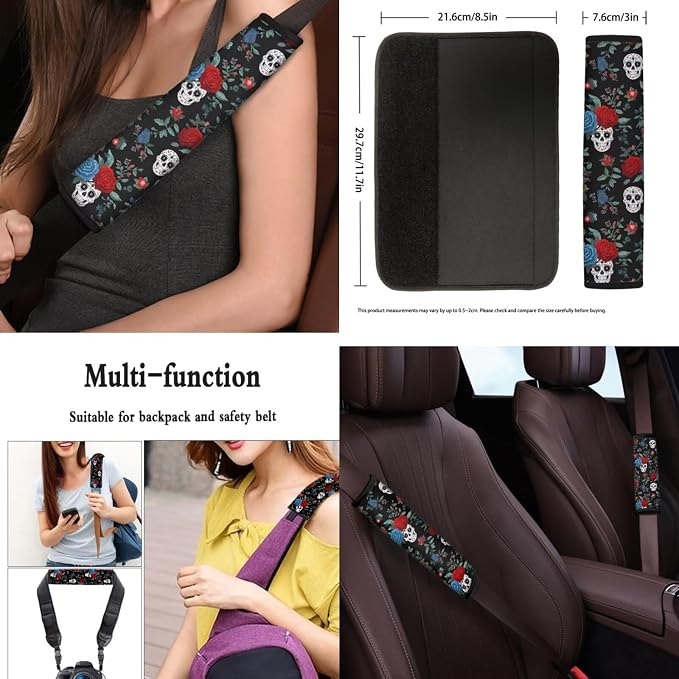Skull Rose Design Car Seat Cover Full Set with Car Steering Wheel Cover, Auto Armrest Pad Protector, Auto Seat Belt Pads, Automotive Interior Accessories Set of 8, Helloween Decorations