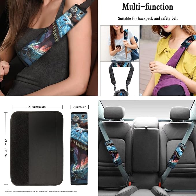 AFPANQZ Funny Dinosaur 11 Pieces Auto Accessories Set with Seat Covers Full Set with Hand Brake Cover Gear Shift Knob Cover Seat Belt Pads Car Coaster Steering Wheel Cover