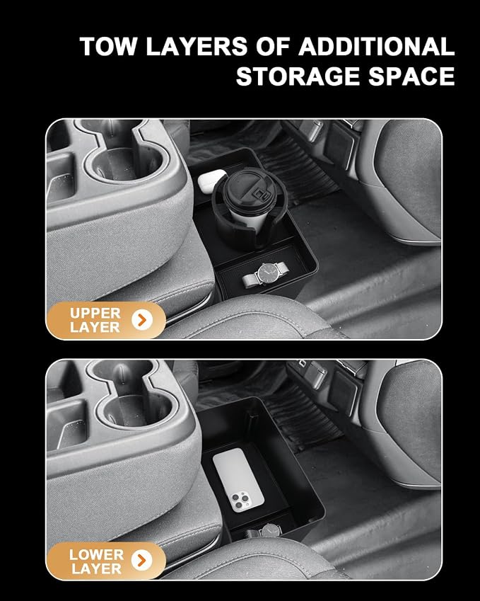 Center Console Tray For 2019-2026 Chevy Silverado/GMC Sierra 1500 & 2020-2026 Silverado/Sierra 2500 HD/3500 HD - Double Layer Storage Tray With Removable Cup Holder - Only Fit Split-Bench Front Seat