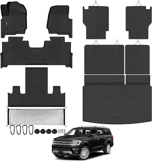 Tongama-Floor Mats for 2018-2024 Ford Expedition Max 7 Seats with 2nd Row Bucket Seats, All Weather TPE Trunk Mat and 2nd/3rd Backrest Mats Protectors and Cargo Net for Ford Expedition Accessories