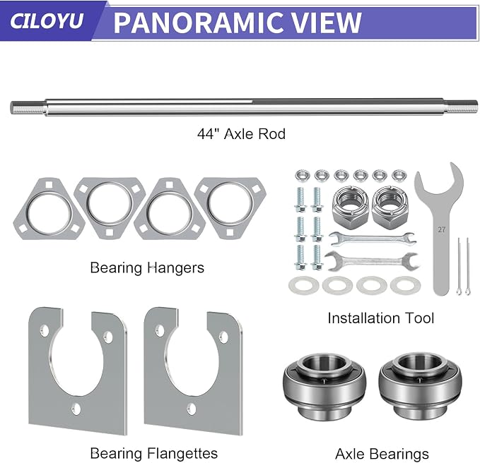 Heavy Duty DIY Steel 44" Go Kart Live Axle Kit 1" Diameter 3/4" Step Down 3/4-16" Fine Thread Ends 1/4" Keyway Replacement for Go Kart Cart ATV Quads Dune Buggies with Rear Axle Bearing Kit