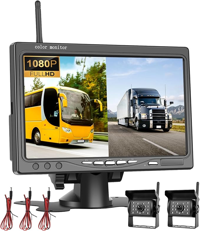 7 Inch Wireless Backup Camera for Truck with 2 Rear View Camera System for Cars, 4 Channels Split Screen, BSD Alert, Night Vision, IP68K Waterproof, for Truck, Pickup, Trailer, Cars Parking Safety