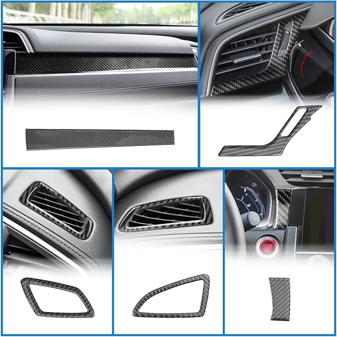 10PCS Real Carbon Fiber Interior Trim Kit Compatible with 2016-2021 10th Gen Honda Civic – Center Console Dashboard, Gear Panel, AC Air Vent, Interior Decor Sticker Accessories
