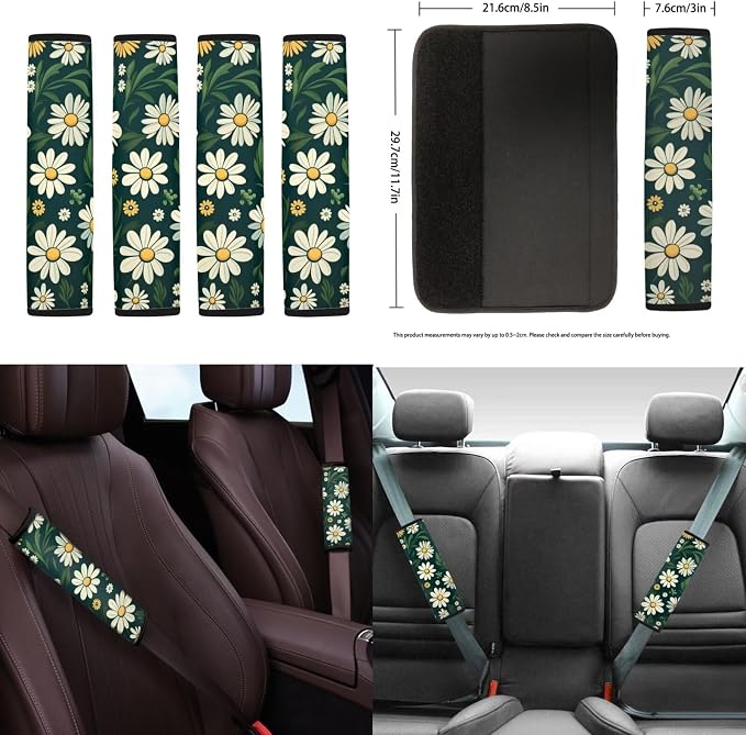 18Pcs Daisy Car Seat Covers Full Set with Steering Wheel Cover Auto Cup Holder for Car Coaster Headrest Cushion,Seatbelt Strap Pad,Center Console Cushion Handbrake Cover Keychain,Green