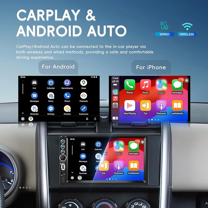 7 Inch Double Din Car Stereo with Wireless Carplay Android Auto Car Audio Receivers, Car Radio with Mirror Link, Bluetooth, SWC, FM, EQ, USB/Type C Charge 7 Color Light