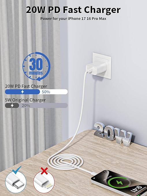 iPhone 17 16 Pro Max Charger Fast Charging,20W Fast Charging USB-C Block[Apple MFi Certified]with 6ft USB-C Woven Cord Cable for iPhone 17 16 15 Pro Max,iPhone Air,iPad Pro/Air/Mini,20W USBC Charger.