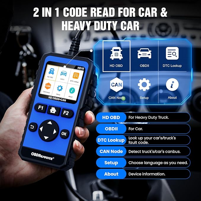 OBDResource Full Systems Heavy Duty Truck Scanner Tool HD OBD/EOBD/OBD2 Automotive Scanner Diagnostic Tool for Truck & Car 2 in 1 Code Reader for Most 12V 24V Diesel Vehicles