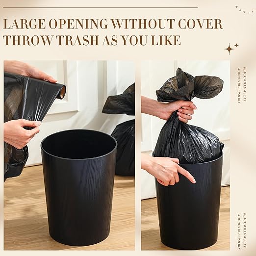 Threehoney 2 Pack 2.3 Gallons Wood Trash Can Wastebasket Natural Wood Round Wastebasket Small Trash Bin for Home, Office Under Desk, Kitchen, Bedroom, Hotel, Room(Black,Flat)