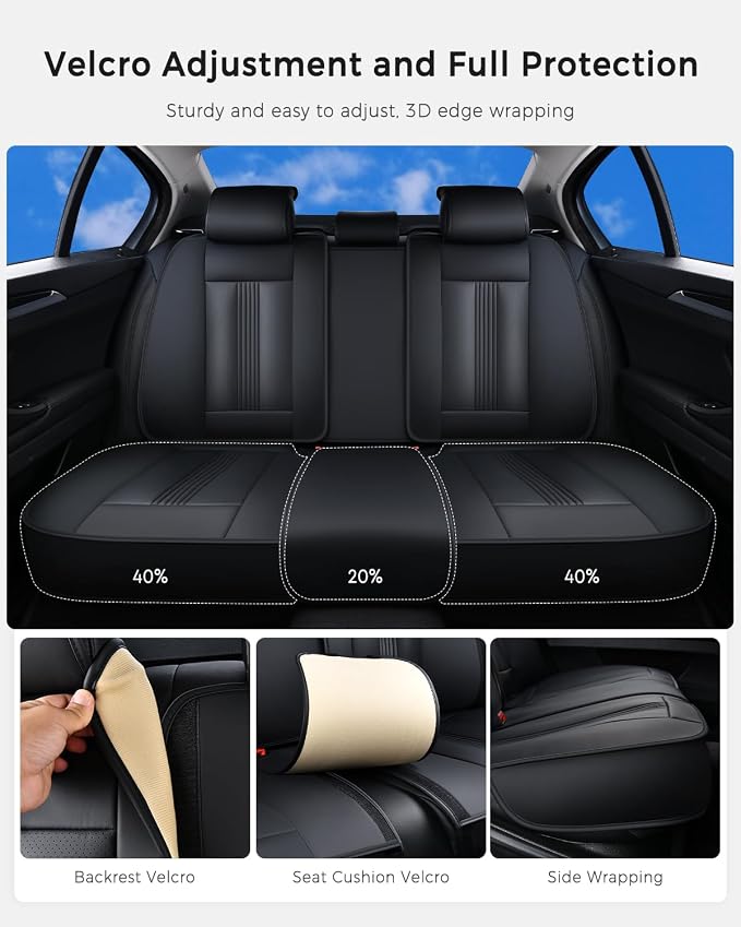 Huidasource Back Seat Cover, Nappa Leather Back Car Seat Cover with Ventilation Holes, Velcro Adjustable, Compatible with Seat Belts, Child Safety Seats, Fit for Most Cars SUV Trucks, Black