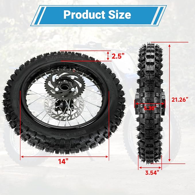 EOPOAYI 14" Wheel Rim 90/100-14 3.00-14 Rear Tire Assembly Compatible with 125cc 150cc Apollo TTR125 SSR KLX125 RM80 TaoTao DB17 Off Road Pit Dirt Bike Parts Brake Rotor 428 Chain 41T Sprocket