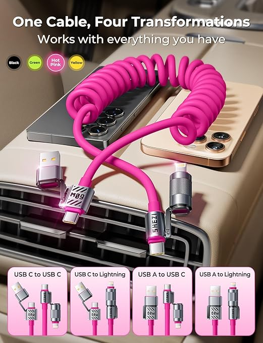 Coiled Pink Cable 4-in-1 USB C Cable 60W Compatible with Lightning Cable Fast Charging & Data Transfer, Support to CarPlay & Android Auto, 5FT Multi Cord Combo Charger for iPhone/iPad