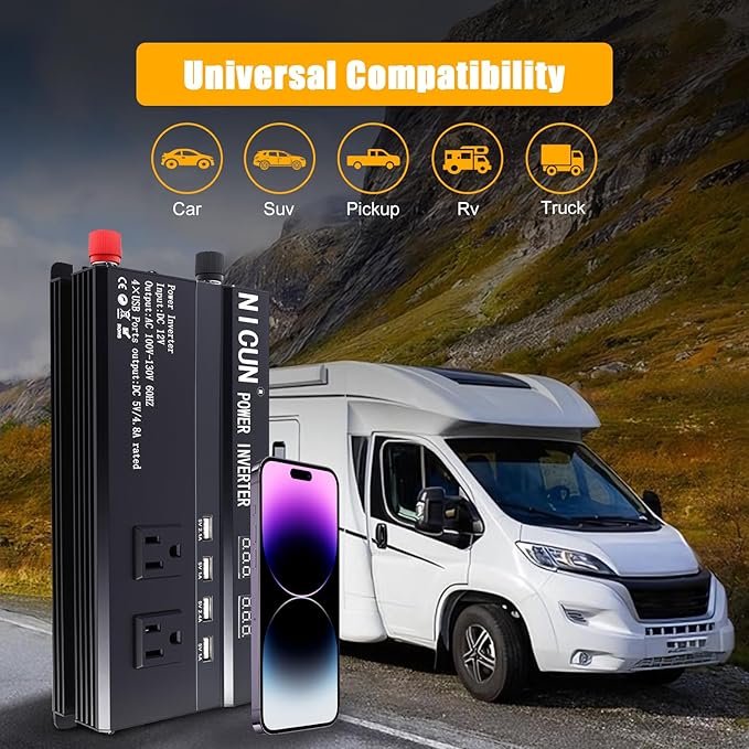 ALSO GO 1200W Power Inverter, 12v to 110V AC Car Inverter with Fast Charging 2.4A USB and 3 AC Outlets Ideal for Road Trips, Camping, RV, Truck, Solar, and Vehicle Power Needs