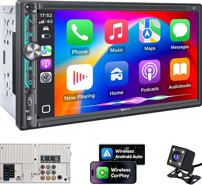 PLZ 7" Wireless Double Din Car Stereo Apple Carplay Radio Screen for Car Audio Receivers, Bluetooth, Car Play Android Auto Touchscreen, 240W 4.2 CHN 2 Subwoofers Outputs, SWC, FM/AM, Backup Camera