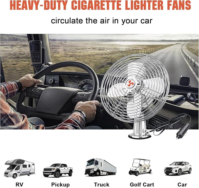 12V Portable Fan RV | Truck Cooling Heavy Duty 9" Metal Clip-On Car Fan Bus | Boat | Forklift | Car | Camper | Lawn | Mower | Tractor 2-Speed High Velocity Silver