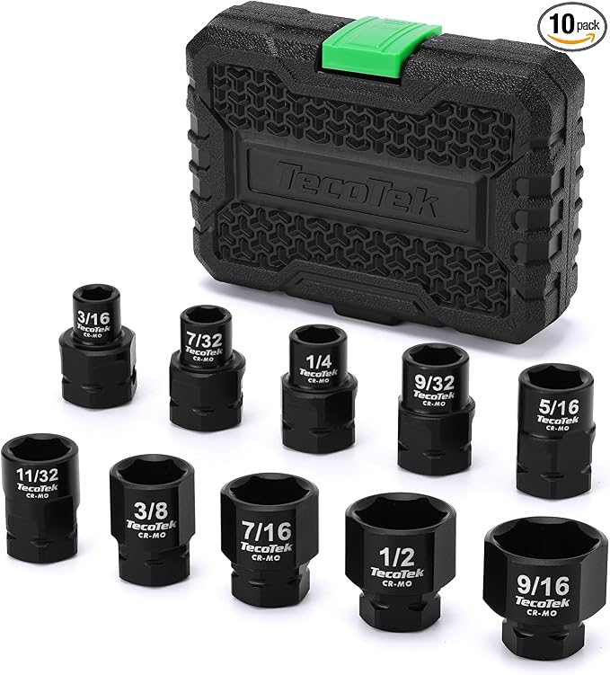 TecoTek 10-Piece 1/4-Inch Drive SAE Low Profile Impact Socket Set, Stubby Socket Set, 3/16" to 9/16", 6 Point, Cr-Mo, Shorter Socket for Tight Areas