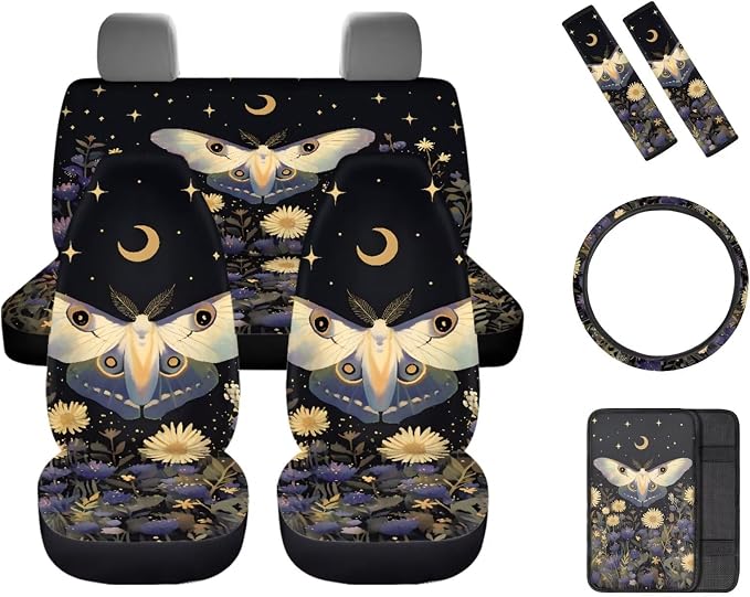 Moon Butterfly Print Car Seat Covers Full Set for Women, Auto Steering Wheel Cover Car Armrest Pad Protectors Auto Seat Belt Pads, Automotive Interior Accessories - 8 Pack