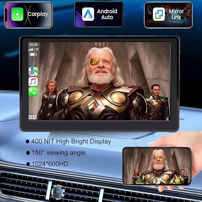 Wireless Apple Carplay Screen for Car, 7" HD Touch Screen Portable Car Stereo for Carplay & Android Auto ，with Backup Camera,Mirror Link, GPS Navigation, Siri, AirPlay, AUX, FM, Voice Control