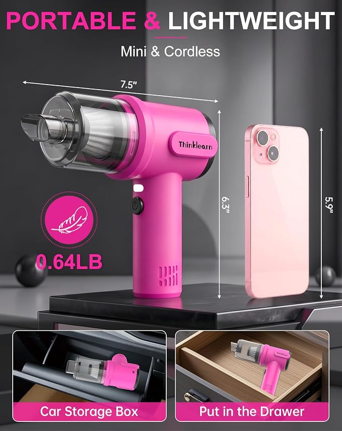 ThinkLearn 27pcs Car Cleaning Kit, 4-in-1 12000Pa Cordless Mini Handheld Vacuum Cleaner & Air Duster, Portable Pink Car Detailing Kit with Interior Accessories for Car, Home, Office, Gift for Women