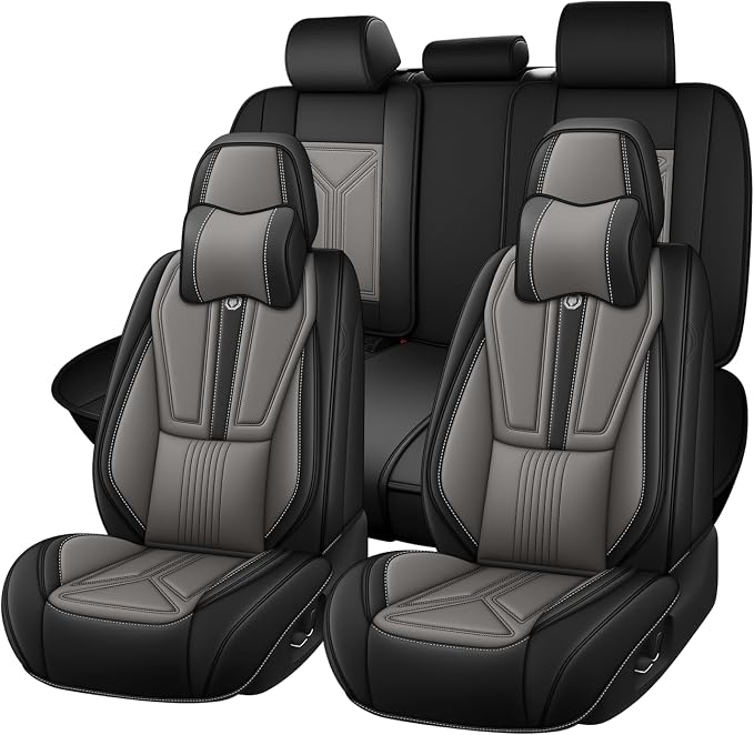Arazi Fit for 98% of Mazda Seat Covers, 360° Full Wrap Original Seat Cover, Waterproof Nappa Leather Seat Covers with Big Space Storage Pocket Seat Protector（5 Seats Luxury, Black&Gray）