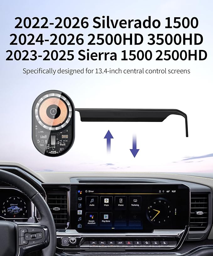 Wireless Charging Car Phone Holder for Chevrolet Silverado 1500 2022-2026/Silverado 2500 HD 2024-2026/GMC Sierra 1500 2500HD 2023-2025, 13.4" Screen Fixed Clip