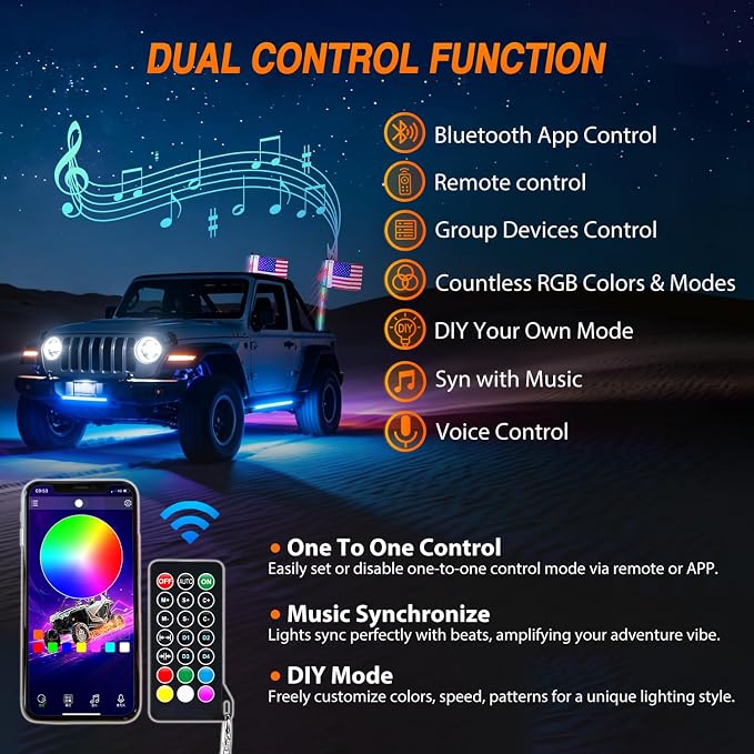Nilight LED Whip Light 2PC 4FT Spiral RGB Antenna Whips with Spring Base, App/Remote Control DIY Chasing Patterns Brake & Reverse Turn Signal Lights for Side by Side ATV UTV RZR Can-Am Buggy Jeep