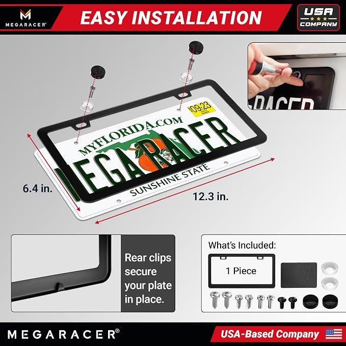 Powder-Coated Matte Black Thin License Plate Frame – 1 Piece, Car Wash Proof Stainless Steel, Rust-Free, Rattle-Free, Street Legal, Slim 2 Hole with Screw Caps, Gloss Metal Front or Rear Tag Holders