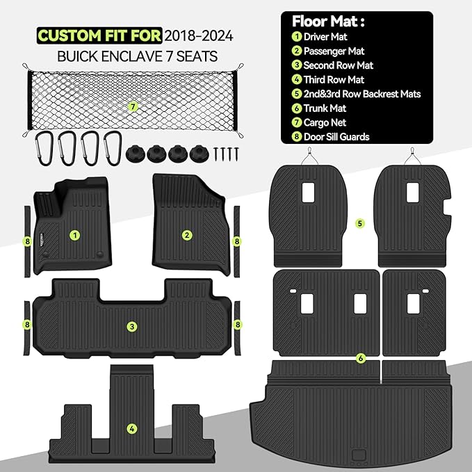 Tongama-Floor Mats for 2018-2024 Buick Enclave 7 Seat with Bucket Seats, All Weather TPE Trunk Mat & 2nd/3rd Row Backrest Mats & Cargo Net & Door Sill Guards for Buick Enclave Floor Liner Accessories