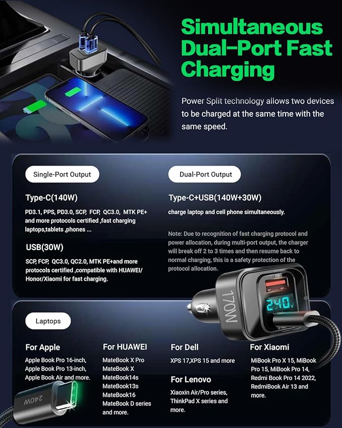 170W USB C Car Charger, PD3.1 140W+30W Fast Charging Adapter with 240W Cable, Multi-Port USB-C Car Charger Compatible with Laptop MacBook iPhone 17/16/15 Pro Max Samsung S24 Ultra iPad (Black)
