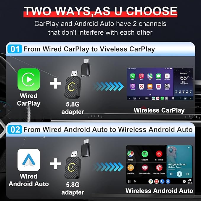2 in 1 Wireless CarPlay Adapter and Android Auto Wireless Adapter for Convert Wired CarPlay, for Cars 2016+/Apple iOS 10+, No Delay, Plug and Play, with USB-A to USB-C Connectors