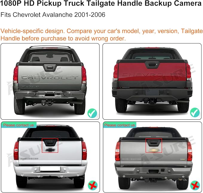 ASURE Backup Camera Tailgate Handle for Chevrolet Avalanche 2001-2006 | 1080P HD, 170° Wide View, Starlight Night Vision, IP68 Waterproof, RCA/CVBS, No-Drill Fit, Parking, Reversing & Towing