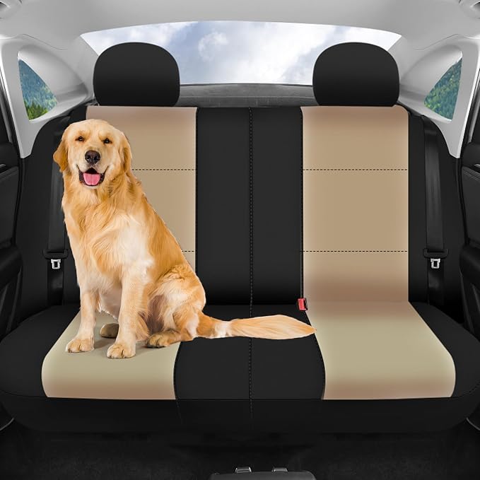 FH Group Waterproof Neoprene Car Seat Covers Full Set – Universal Fit Front & Split Bench Rear Seat Covers, Airbag Compatible Automotive Seat Protectors for Cars, SUVs,Vans, Beige