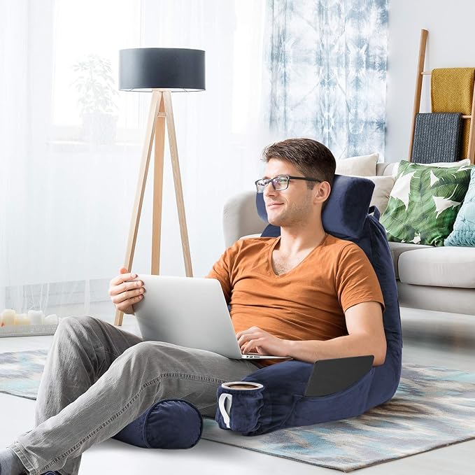 Nestl Reading Pillow with Shredded Memory Foam Includes 2 Neck and Lumber Support Pillows, Designed for Sitting Up in Bed and Couch, Back and Arms Adjustable Support for Adult & Teens, Navy Blue
