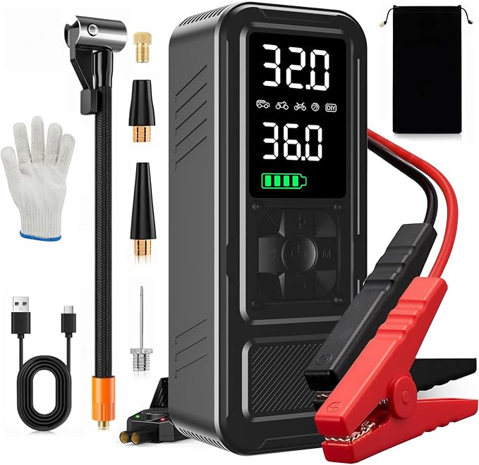 1000A Portable Car Jump Starter with Air Compressor, 150PSI Smart Tire Inflator for Cars, Trucks & SUVs, 12V Battery Booster with LCD, USB-C Fast Charging, LED Emergency Light &