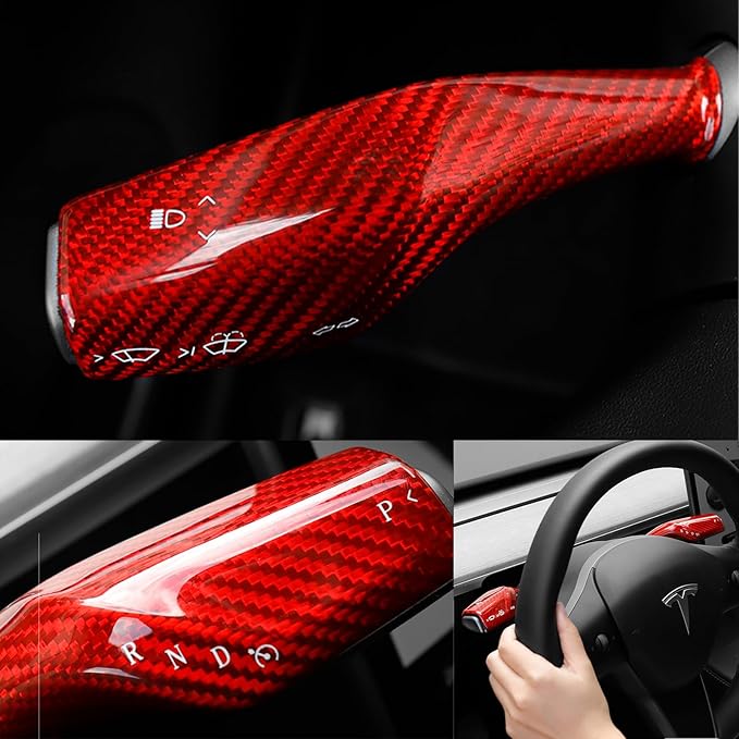 Fit Tesla Model 3 Y 2021-2023,Real 3K240G Carbon Fiber Steering Wheel Column Gear Shift Cover Gear Lever Decoration Accessories 2pcs(Premium Mateal) (Gloss Red)