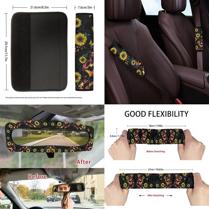 Suobstales Sunflower Butterfly Leopard Print Car Seat Covers Set of 13 with Universal Steering Wheel Cover, Rearview Mirror Cover, Car Trash Can, Seatbelt Pads, Cup Holder Coasters, Keychains