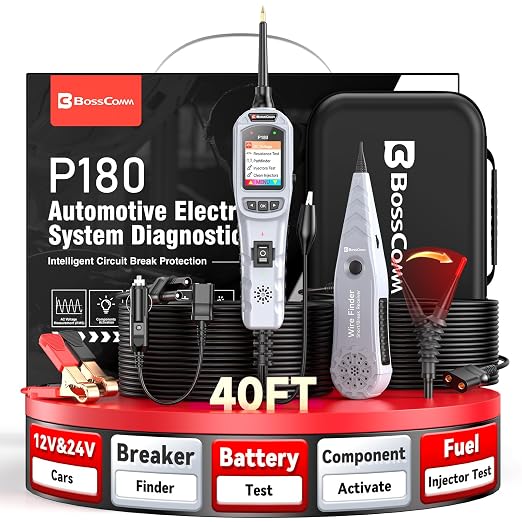 2026 BOSSCOMM P180 Automotive Probe Tester – 9-30V Electrical Power Probe, AC/DC Voltage/Diode/Resistance/Relay/Fuse Test, Wire Tracer, Battery/Fuel Injector Tester, 40FT Cable