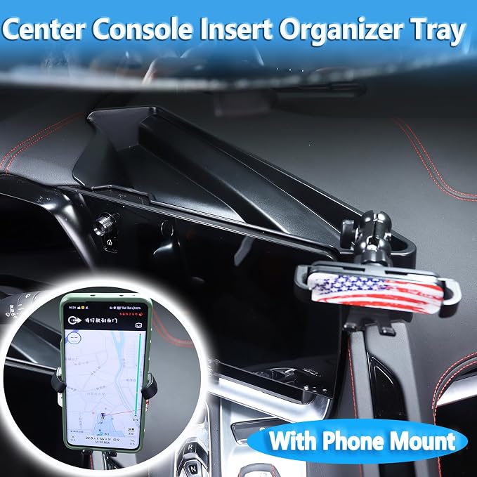 Sekhyna Navigation Screen Back Storage Box Compatible Corvette C8 Stingray 2020-2025,Dash Organizer Tray,Center Console Phone Insert Auxiliary Storage Tray Interior Accessories (with Phone Mount E)