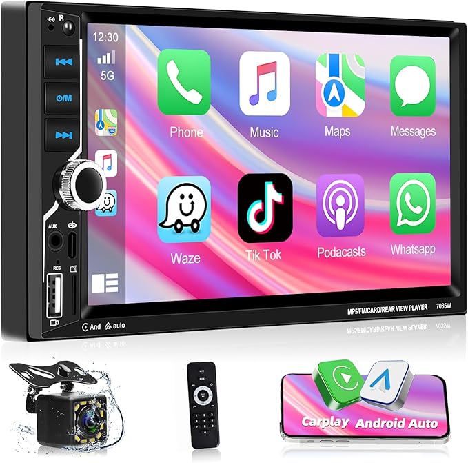 Motoris 7" Car Stereo with Wireless CarPlay & Android Auto, 4+64G Retactable Touchscreen Bluetooth Radio with GPS, Mirror Link, WiFi, Dual USB, Split-Screen, FM Radio, EQ, SWC + Backup Camera