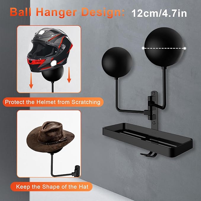 Motorcycle Helmet Holder Wall Mount, Rustic Helmet Rack with 2 Ball Hangers and Storage Space for Motorcycle Gear Accessories, The Double Hooks for Key/Jacket Hanging