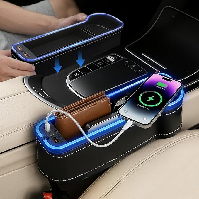 2 Pack Car Seat Gap Plug Storage Slot with USB Charger Upgrade LED Car Seat Gap Filler Organizer Box with Cup Holder Card Slot Larger Storage Space Reducing Item Loss